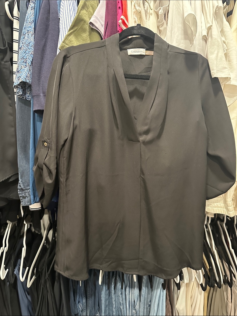 Calvin Klein Black V-Neck Roll-Tab Sleeve Blouse